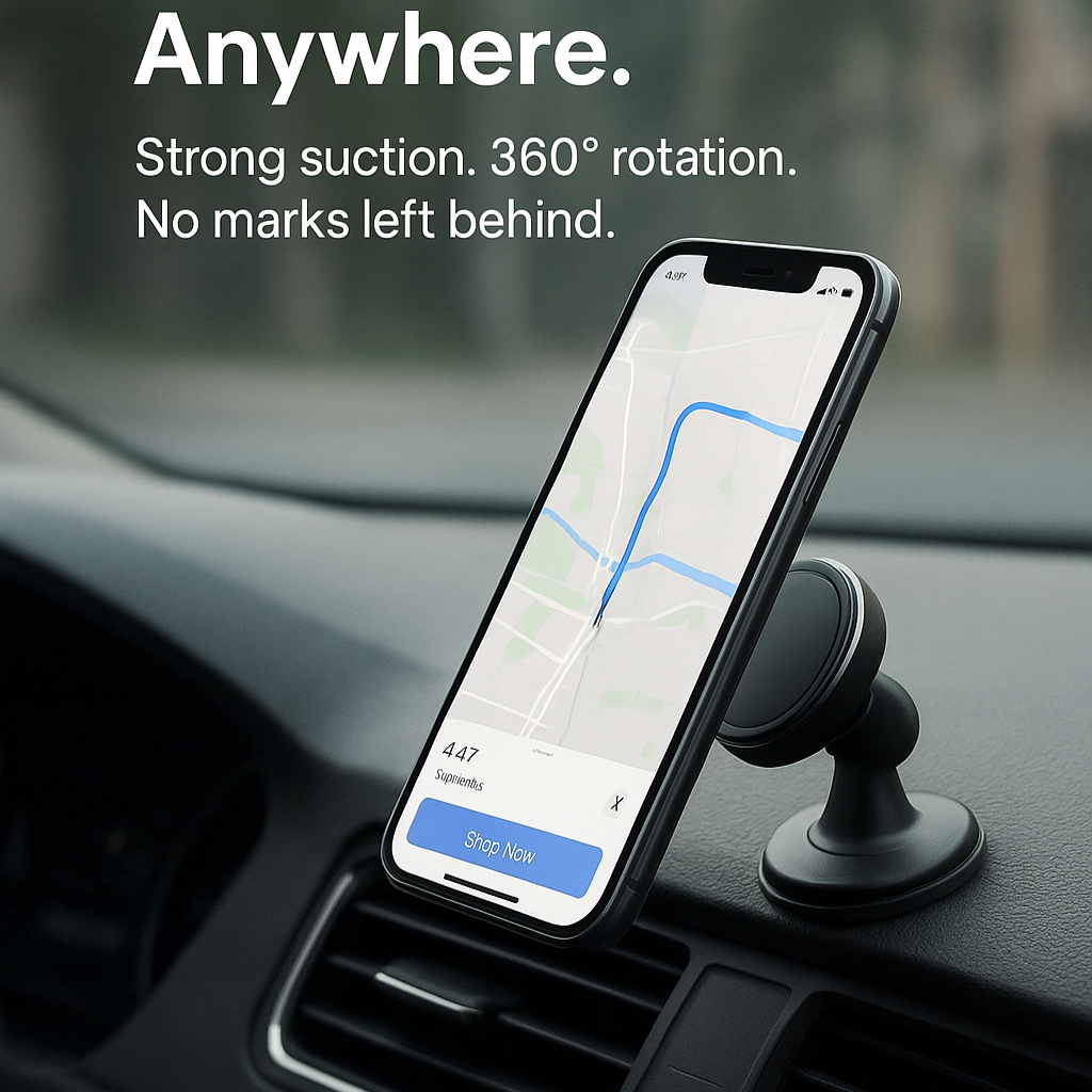 Phone mount on car dashboard with phone displaying navigation app, text 'Stay Connected, Hands-Free - Anywhere.'